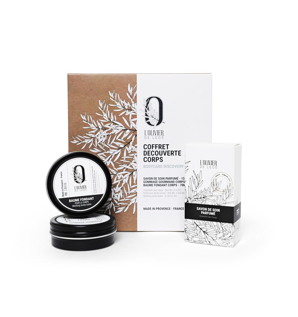 [4694063] L'OLIVIER DE LEOS
Coffret découverte corps
Savon parfumé+gommage
gourmand+baume fondant