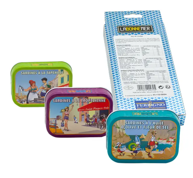 La Bonne Mer Coffret de 3 boites de sardines (tapenade, tropézienne et huile d’olive et fleur de sel)